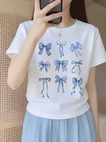 Áo thun ngắn tay in hình nơ dễ thương, phong cách Kawaii ngọt ngào dành cho bé gái, áo croptop ôm sát, trang phục thường ngày đa năng mùa hè màu trắng. - trắng - Xem 1