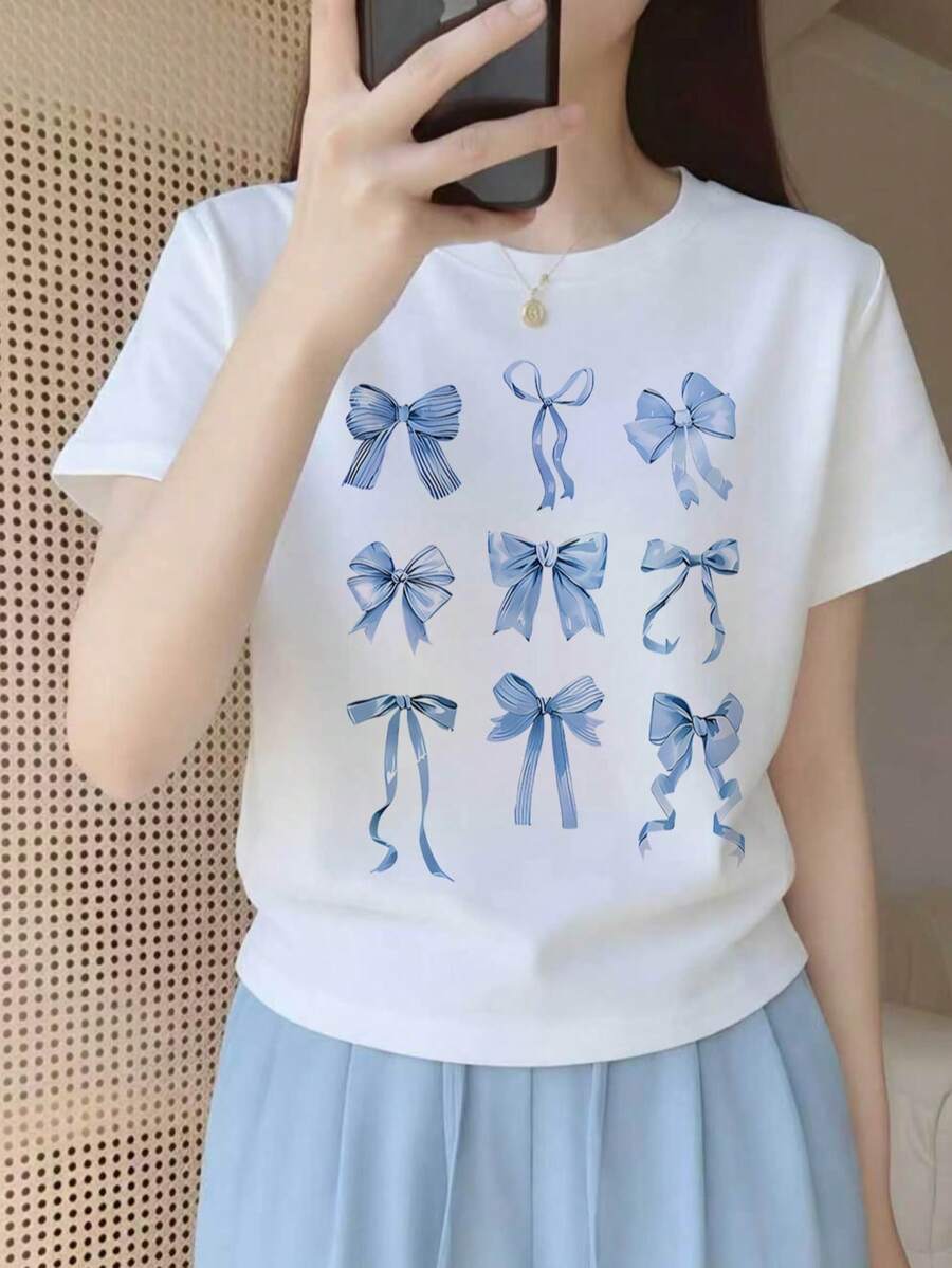 Áo thun ngắn tay in hình nơ dễ thương, phong cách Kawaii ngọt ngào dành cho bé gái, áo croptop ôm sát, trang phục thường ngày đa năng mùa hè màu trắng. - trắng - Xem 1