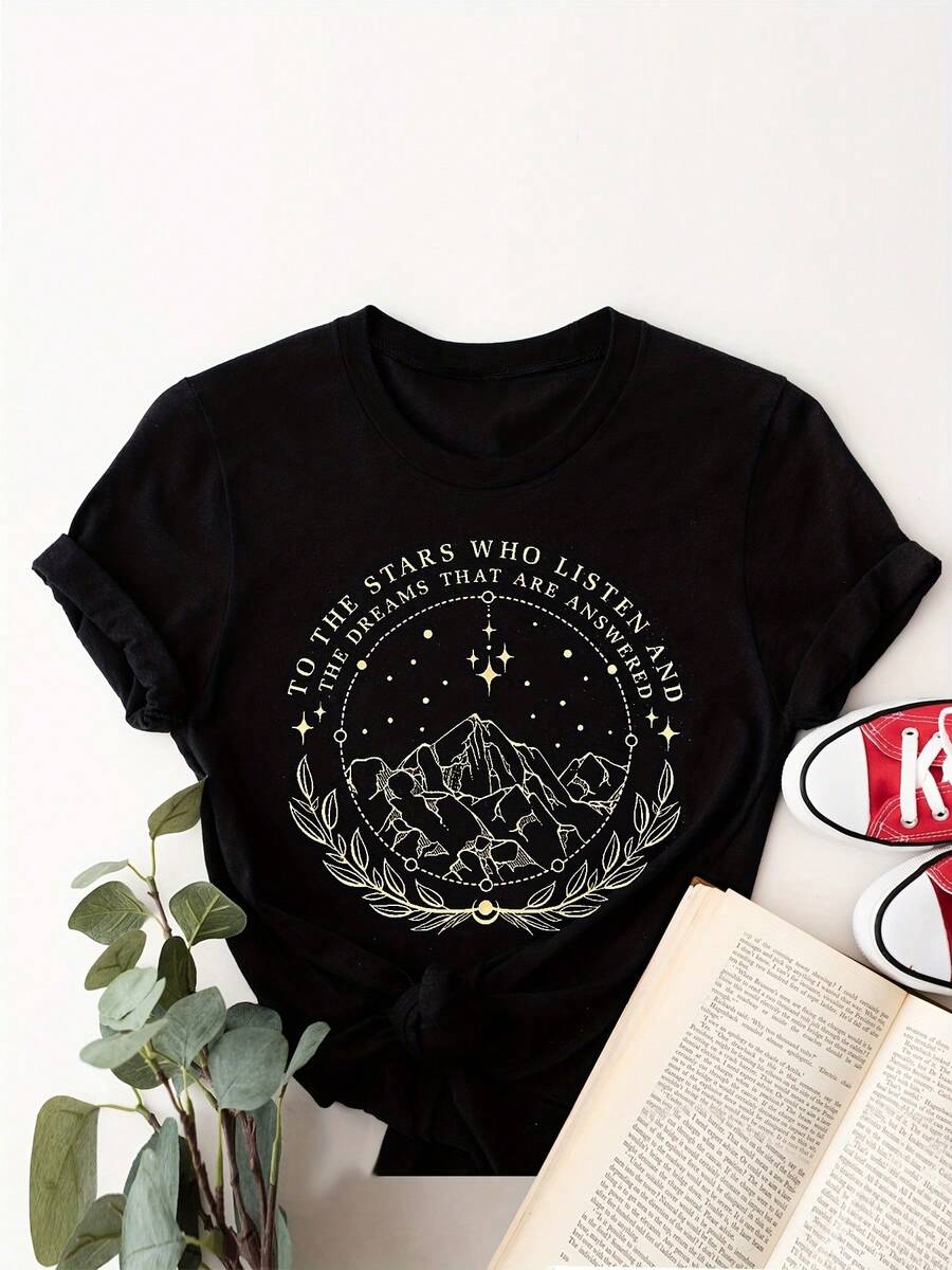 Limited Time Offer, Limited Quantities, Flash ! Women's Casual Shirts, Women's Polyester T-Shirts, Stylish Shirts. The Starlight City T-Shirt Is A Comfortable Tee With A Retro Color Scheme, Suitable For Both Men And Women, And Perfect For Book Lovers And Fantasy Novel Enthusiasts. - 黑色 - 查看 1