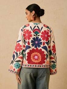 Camisa casual versátil de uso diario con estampado floral y nudo delantero para mujer de talla grande - Multicolor 5 - Ver 2