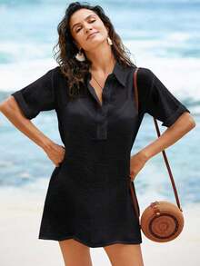 Conjunto de ropa de playa para mujer- Vestido de baño con cuello en V sin mangas como cobertor casual de playa - Negro - Ver 5