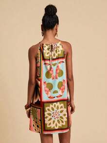 Vestido corto holgado con hombros al descubierto y estampado tejido para mujeres para vacaciones - Multicolor 3 - Ver 3