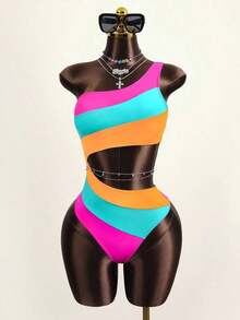 Traje de baño de una pieza con bloque de color y un solo hombro para mujer, ideal para nadar, vacaciones y playa en verano - Multicolor 4 - Ver 1