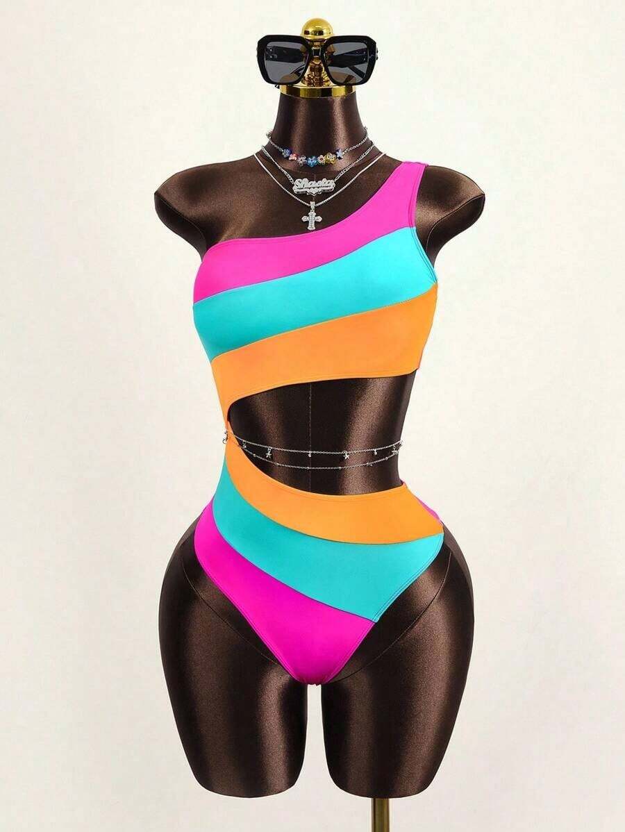 Traje de baño de una pieza con bloque de color y un solo hombro para mujer, ideal para nadar, vacaciones y playa en verano - Multicolor 4 - Ver 1