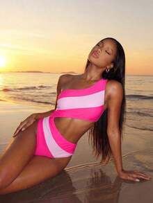 Traje de baño de una pieza con bloque de color y un solo hombro para mujer, ideal para nadar, vacaciones y playa en verano - Rosa - Ver 1