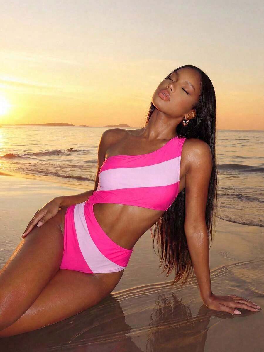 Traje de baño de una pieza con bloque de color y un solo hombro para mujer, ideal para nadar, vacaciones y playa en verano - Rosa - Ver 1