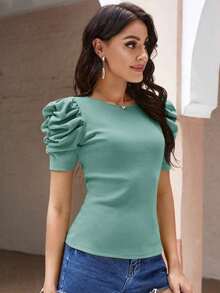 Clasi Camiseta Negra Con Mangas Abullonadas De Punto De Canalé - verde menta - Ver 3