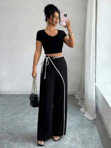 Elenzya Pantalones anchos de traje de color block elegante color albaricoque para mujeres - Negro - Ver 4