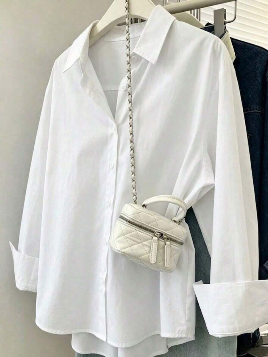 Camisa casual elegante con botones para mujer, blusa de oficina/trabajo con cuello en V, manga larga, con bolsillos, para primavera - Blanco - Ver 1