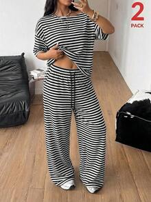 Conjunto de dos piezas de camiseta hombros descubiertos y pantalón ancho de chándal para mujer talla grande, minimalista, ropa de calle, uso diario, salir, deporte, cómodo - Blanco y Negro - Ver 9