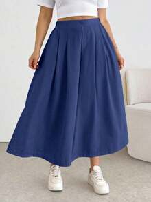 Comfortable And Loose-Fitting Elastic-Waist Pleated Shorts/Skirts, A Basic And Versatile Style For Everyday Wear, Flattering The Figure, In Apricot Color, For Plus-Size Women, For Spring/Summer - Blue - View 2