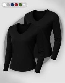 Set Of 2 Long Sleeve T-Shirts, Base Layer Blouses, V-Neck, Slim Fit, Workwear, Winter, Basic, Plain - màu đen - Xem 1