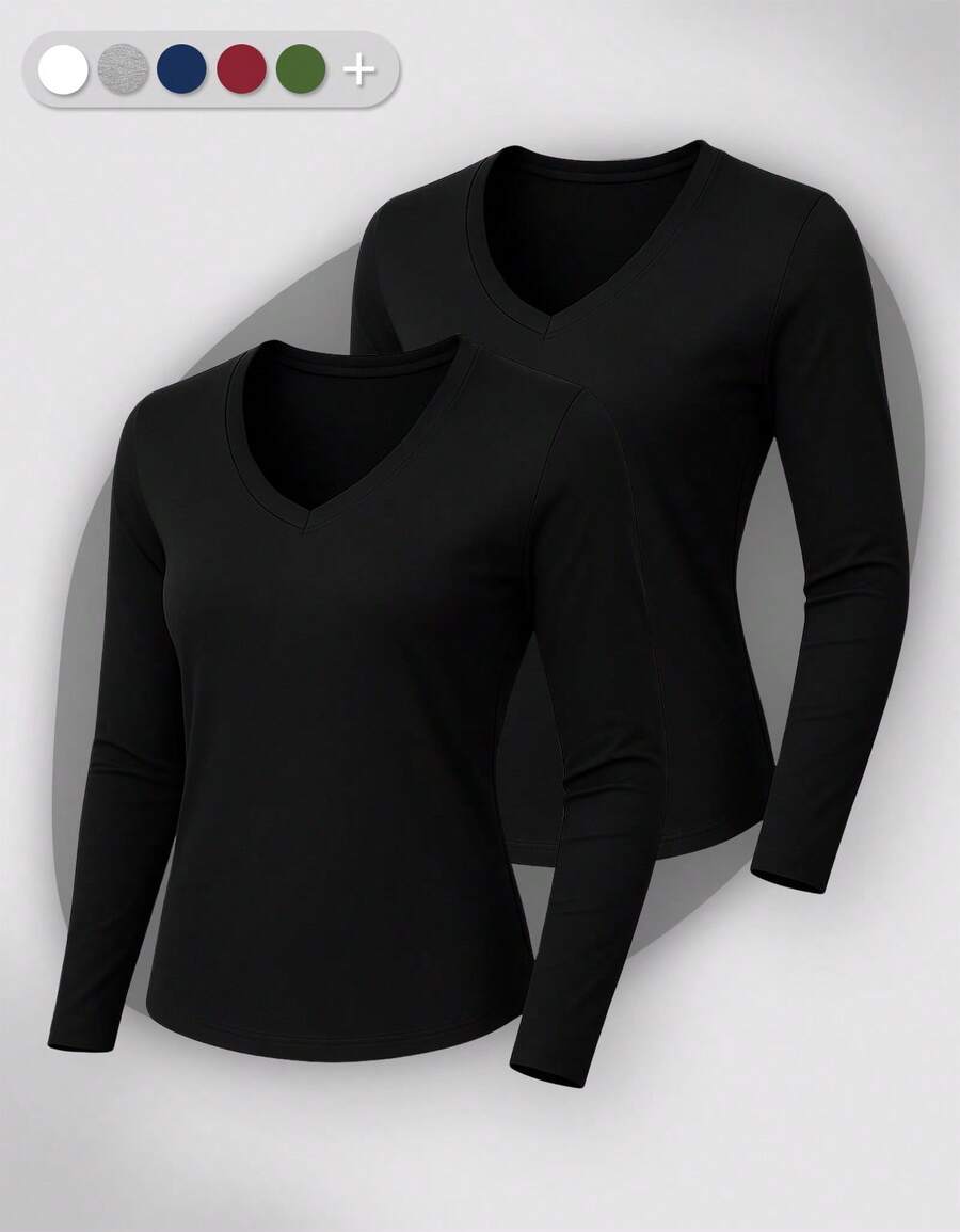 Set Of 2 Long Sleeve T-Shirts, Base Layer Blouses, V-Neck, Slim Fit, Workwear, Winter, Basic, Plain - màu đen - Xem 1