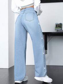 ALO FASHION Elegantes jeans de mezclilla de pierna ancha y talle alto para mujer, lavado claro con brillo por toda la prenda, tejido elástico y cómodo, perfectos para fiestas o uso casual. - azul real - Ver 4