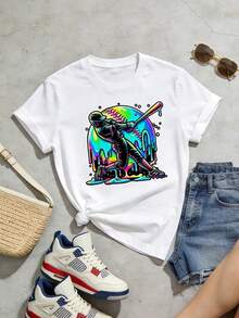 Camiseta de manga corta con cuello redondo suave y casual de verano para mujer, estilo béisbol, universitario, tops para salir, algodón, vintage, estilo callejero europeo y americano, casual deportivo, estilo unisex, estilo casual urbano, tops bonitos, Gen Z, curvas, ropa Y2K, camisetas divertidas, tops para damas, conjuntos de vacaciones para mujer, top lindo, camiseta gráfica, conjuntos de primavera, camisetas holgadas, ropa de calle retro, estilo de los 90, estilo de los 2000, subcultura, top negro, tops blancos, conjunto de fiesta de los 90. Blanco - Blanco - Ver 4