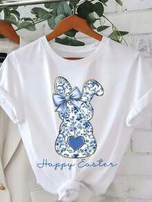 Camiseta de manga corta 100% algodón - Conejo azul y blanco - Camiseta de Pascua, ¡la mejor elección para primavera y verano! - Blanco - Ver 7