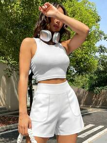 Plus Size Women's Casual Elastic Waist Solid Color High Waist Shorts, Comfortable Soft Fabric Shorts For Summer Vacation Sports - White - View 6