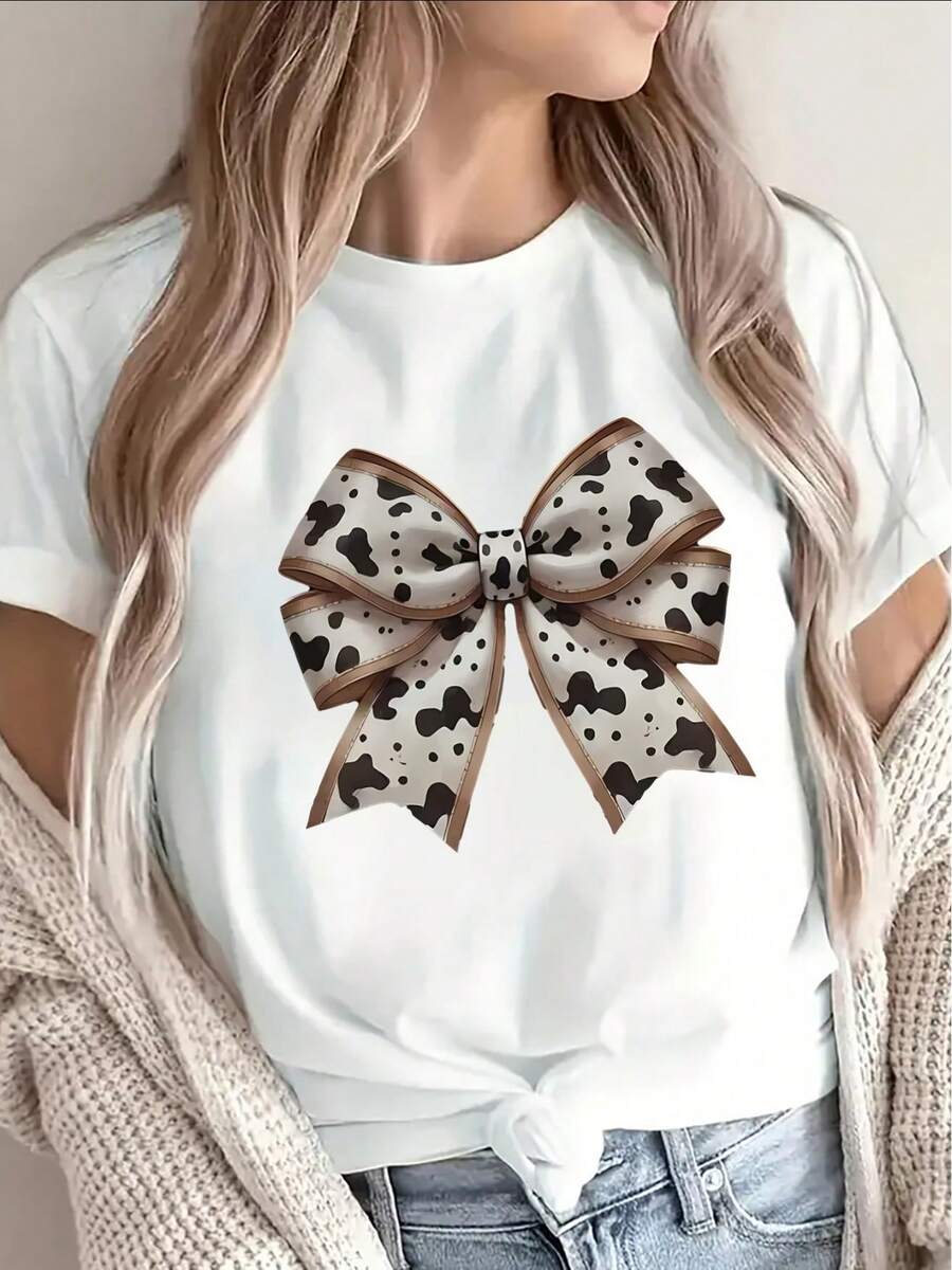1 camiseta de poliéster de manga corta, con estampado de vaca y diseño de lazo, ligera y duradera, adecuada para el hogar, cafeterías o uso casual al aire libre, cómoda y ajustada para el uso diario, 180g, 100% algodón. - Blanco - Ver 1