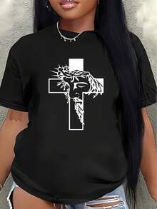 Polyester Short-Sleeved T-Shirt, Decorated With A Jesus Cross Print, Lightweight And Durable, Suitable For Everyday Wear, Whether At Church, At Home, Or For Casual Outings, With A Comfortable Fit For Adults. - màu đen - Xem 7