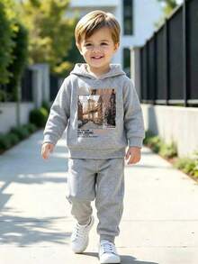 Young Boy Landscape Print Hoodie And Sweatpants Casual Set - Light Grey - View 3