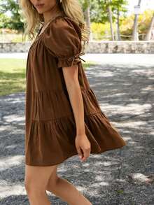 Baby Doll Mini Dress For Women Summer Solid Color Loose Bubble Short Sleeve Scoop Neck Dress - 棕色 - 查看 3