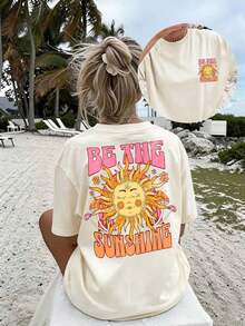 Camiseta de manga corta talla grande Boho Be The Sunshine con estampado gráfico, cuello redondo, longitud regular, alta elasticidad, estilo casual-vintage urbano, unisex, holgada, de al - Albaricoque - Ver 1