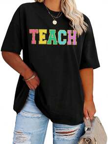 Plus Size Teacher Shirts Women Oversized Teach Life T Shirt Short Sleeve Graphic T-Shirt Gift Tops - Black - View 1