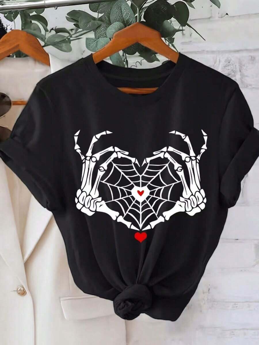 Heart Spider Web - Short-Sleeved T-Shirt With A Round Neck And Regular Fit, Perfect Choice For Spring And Summer, Comfortable Women's Fashion Clothing - Soft, Breathable, Machine Washable, Ideal For Casual Outfits. Women's Blouses > Clothing - 黑色 - 查看 1