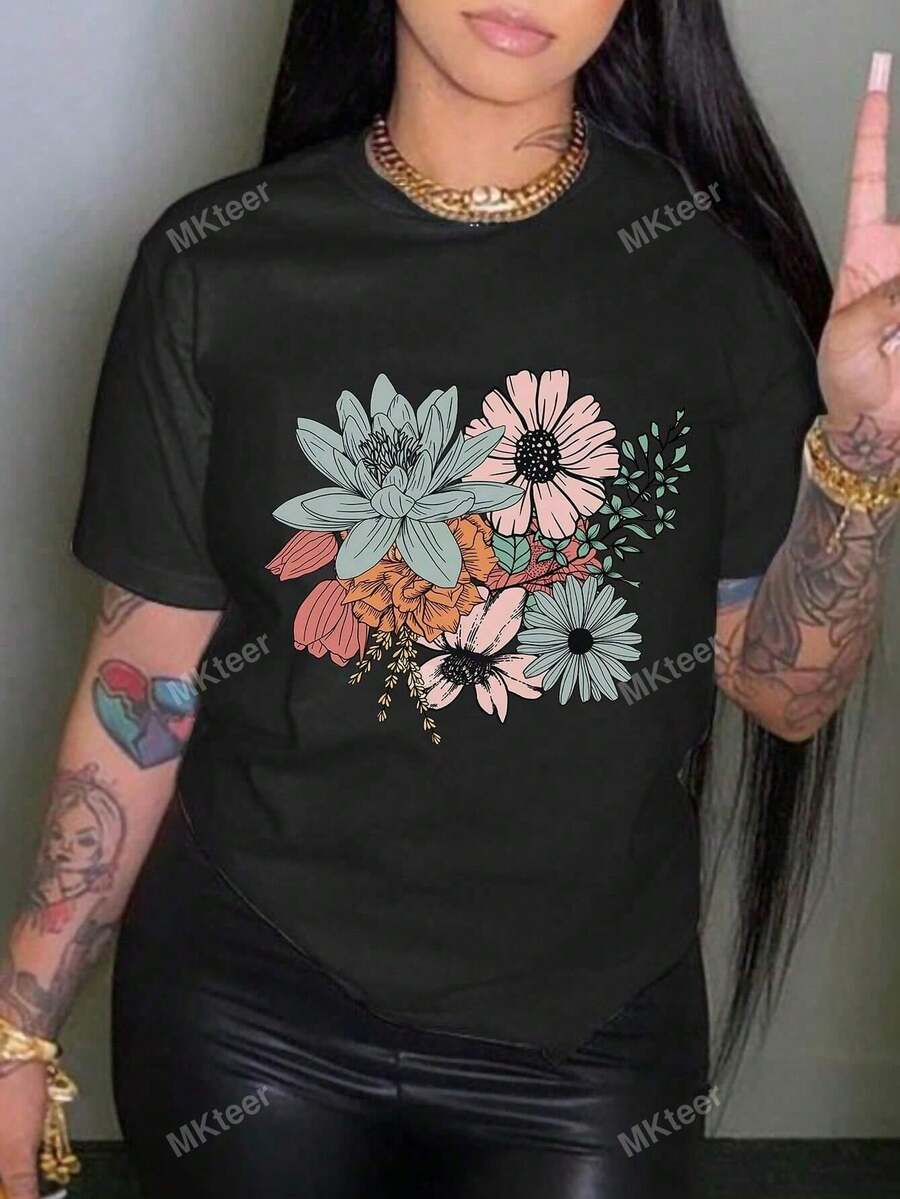 Floral Print Tee For Women - Black - View 1