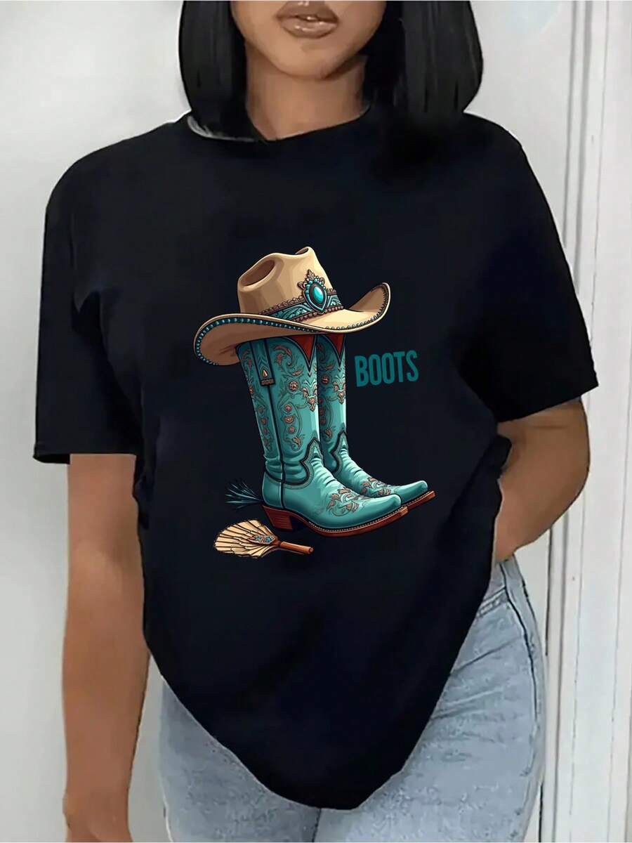 1 camiseta blanca con estampado de bota de vaquero - manga corta, cuello redondo, camiseta elástica, adecuada para uso casual de verano, camiseta con estampado de bota estilo western, lavable a máquina, ropa de uso diario, 180g 100% algodón. - Negro - Ver 1