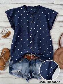 Blusa de mujer con cuello redondo, sin mangas, abotonada, con volantes y estampado de lunares vintage francés, versátil para el trabajo, el té de la tarde y el uso diario, suelta y casual - Verde militar - Ver 1