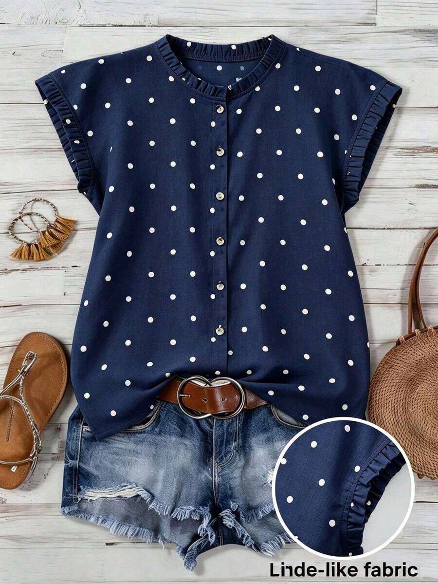 Blusa de mujer con cuello redondo, sin mangas, abotonada, con volantes y estampado de lunares vintage francés, versátil para el trabajo, el té de la tarde y el uso diario, suelta y casual - Verde militar - Ver 1