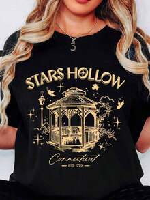Stars Hollow Gazebo Print T-Shirt - Women's Vintage City Design, Perfect For Casual Wear And As A Gift For Fans. - 黑色 - 查看 1