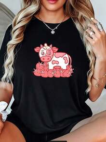 Women's Casual Cow Print T-Shirt - Black With Pink Cartoon Design, Soft And Breathable Fabric, Regular Fit, Short Sleeve, Round Neck, Suitable As A Gift. Women's T-Shirt. Blouses>Elegant. Boho Chic, Soft, Breathable And Comfortable Women's Top, Ideal For Spring, Summer And Autumn, Perfect For Vacations, Travel And Everyday Wear. - 黑色 - 查看 7