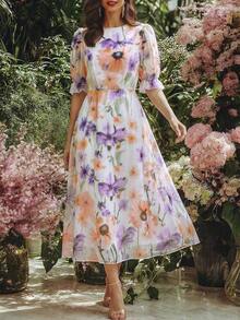 Vestido holgado con estampado francés, puños elásticos y cintura drapeada fluida para mujeres. Vestido floral vintage elegante para mujer, vestido de flores de primavera, vestido de verano para mujer. - Multicolor - Ver 5