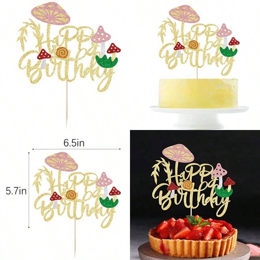 Grehge opper Mushroom Birthday Cake Toppers Decorations for Girls Boys Glitter Gold Mushroom snail Happy Birthday Decorations Theme Party Supplies - como en la imagen - Ver 1