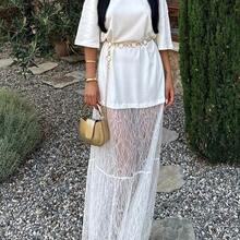 Women's Round Neck Contrast Lace Dress, Sexy Casual Knitted Fabric Dress, Spring/Summer Elegant White - Negro - Ver 7