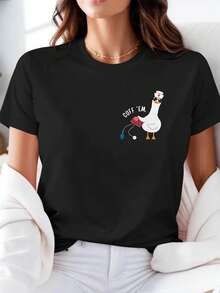 Women's Tops, Women's T-Shirts, Mother's Day, Casual Blouses For Ladies, Women's Tops, 2000s Style, Cute Nurse Goose Cuff Em Graphic Print T-Shirt, Women's Casual Short Sleeve Crew Neck T-Shirt, Spring-Summer, For Daily Wear, Holiday Gift. - 黑色 - 查看 1