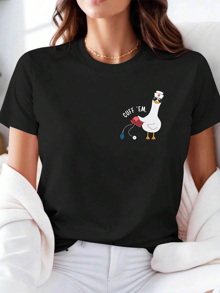 Women's Tops, Women's T-Shirts, Mother's Day, Casual Blouses For Ladies, Women's Tops, 2000s Style, Cute Nurse Goose Cuff Em Graphic Print T-Shirt, Women's Casual Short Sleeve Crew Neck T-Shirt, Spring-Summer, For Daily Wear, Holiday Gift. - 黑色 - 查看 1
