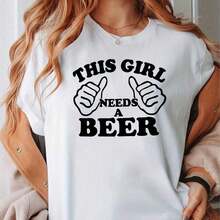 1 Piece Of Women's Oversized Graphic Tee, With A Fun Print "This Girl Needs A Beer", Casual Loose Fit, Short Sleeve, Round Neck, Cotton Blend, Long Tunic Style With Dropped Shoulders, Ideal For Parties, Bar Nights And Casual Outfits, 180g 100% Cotton. - 白色 - 查看 6