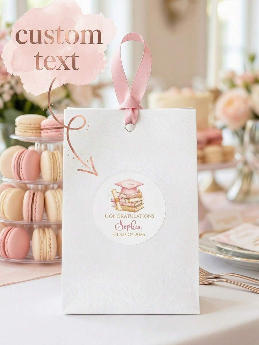 8/20/40pc Custom Graduation Stickers,Text Graduation Favor Stickers,Personalized Name & Class Of 2026 Graduation Labels,Pink Watercolor Grad Cap & Book Design,For Graduates / High School & College Grads,Graduation Party Decor / Envelope Sealing / Favor Bags / Graduation Gifts - Multicolor - View 1