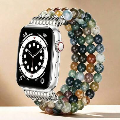 Tương thích với Apple Watch 38mm 40mm 41mm 42mm 44mm 45mm 46mm 49mm, Dây đeo đồng hồ co giãn một vòng, đính 4 hàng đá tự nhiên, vừa vặn thoải mái cho cổ tay từ 5.5-7.3 inch, Dây đeo đồng hồ thay thế unisex