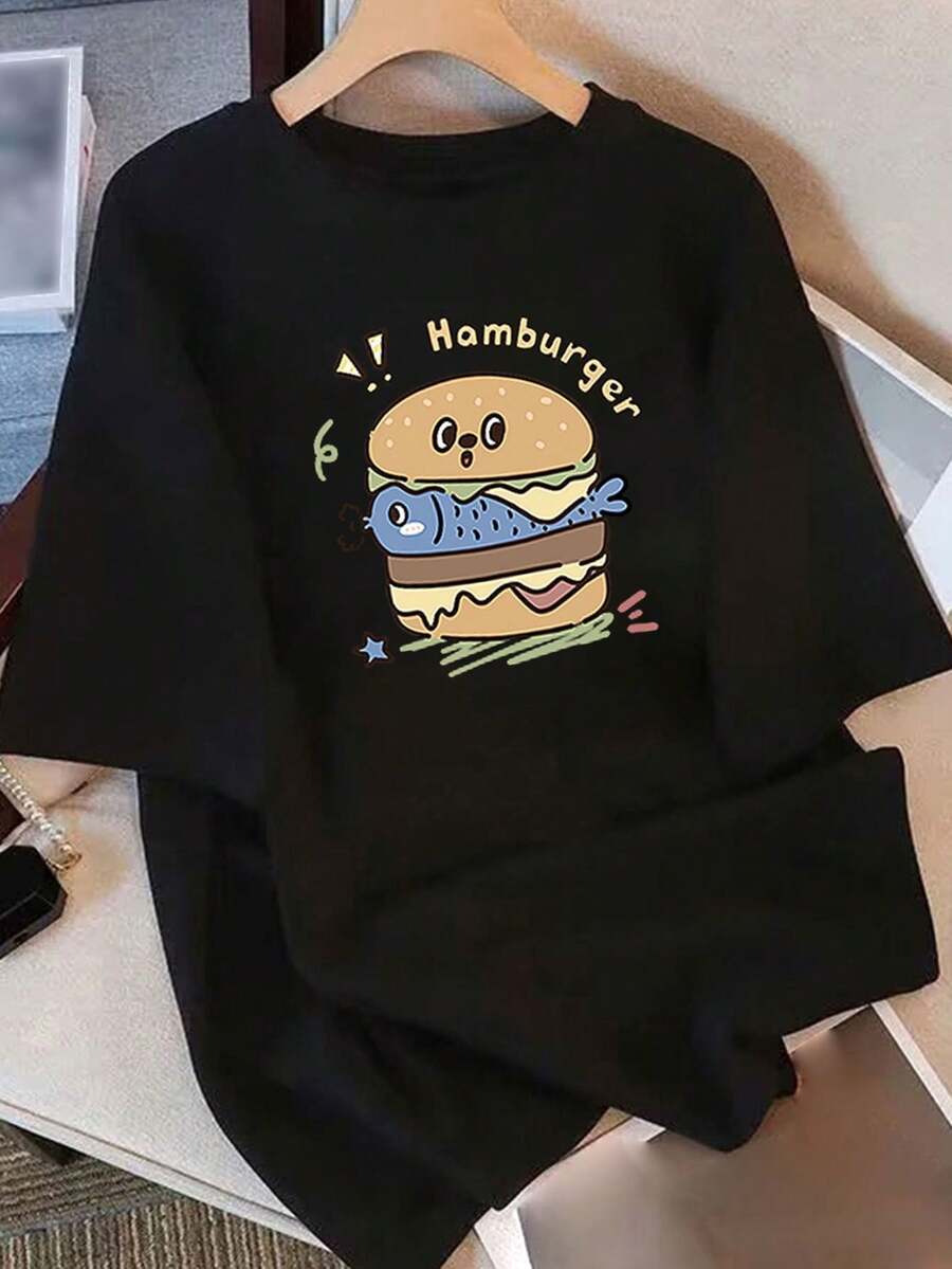 Women's Essential Casual T-Shirt, 100% Cotton, Loose Fit, With Cartoon Hamburger Print "HOMBERY!", Round Neck, Short Sleeve, Urban Casual Style, Breathable, Summer T-Shirt With Fun Design, Machine Washable, Soft Cotton For Daily Wear. - 黑色 - 查看 1