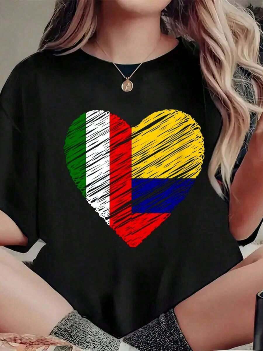 T-Shirt With A Heart Design Of Colombia And Italy, Italian Flag, Colombian Flag, Heart Of Love, Round Neck, Short Sleeve, Casual Style, For Summer. - 黑色 - 查看 1