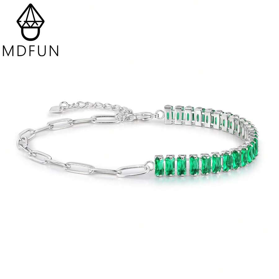 MDFUN 18K White Gold Plated Bracelet, Baguette Cut CZ Half Tennis Half Paperclip Chain Adjustable Bracelet, Multicolor Elegant Jewelry For Women - Green - View 1