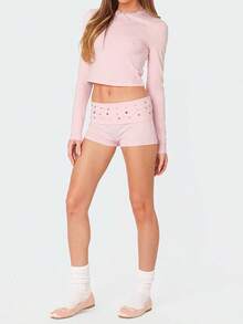 Women Fold Over Waist Shorts Stylish Rivet Studded Low Rise Slim Fit Mini Shorts for Beach Daily Wear - Rosa - Ver 3