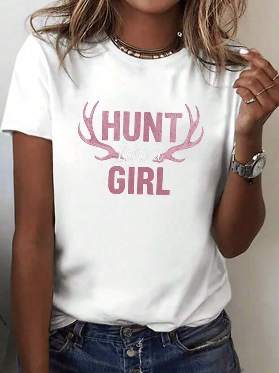 Women's "Huntable" Deer Antler Print T-Shirt - Short Sleeve T-Shirt With Inspirational Slogan, Stretch Fabric Suitable For Summer, Spring And Year-Round Wear - Casual Crew Neck Blouse For Everyday And Outdoor Wear - 白色 - 查看 1