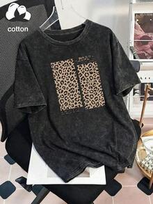 Women's Casual Vintage Washed T-Shirt, Leopard Print Patchwork Numeric Logo Decor Round Neck Short Sleeve Loose Tee, Suitable For Outings, Summer, Vacation, Plus Size Black - Black - View 8