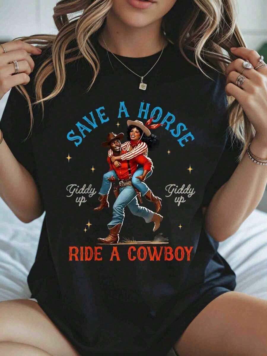 Women's Cotton T-Shirts With Graphic Print "Save A Horse Ride A Cowboy", Western Cowgirl Design For Women, Gift For Country Music Fans, Casual Summer Top, Basic Blouses For Women. - 黑色 - 查看 1