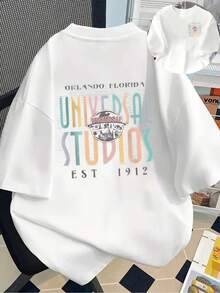 New Men's 180g Heavyweight T-Shirt, % Cotton, With  Theme Park Design, Modern Men's T-Shirt, Unique And Versatile, Popular New Style Of Men's Clothing, A Must-Have T-Shirt For Men With Front And Back Panels - Suitable For Layering In Spring And Autumn Or Alone In Summer, Unisex. - 白色 - 查看 6